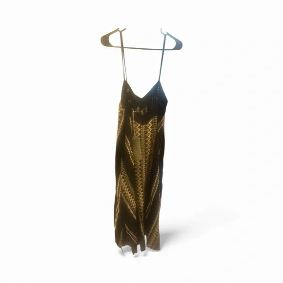 Aether Rare Black Gold Embroidered Maxi Dress S Greece 100% Cotton Boho Chic